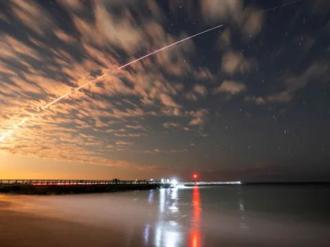 FILE PHOTO: The SpaceX Falcon 9 rocket carrying Starlink satellites is seen over Sebastian Inlet after launching from Cape Canaveral, Florida, U.S., February 26, 2025. (REUTERS)