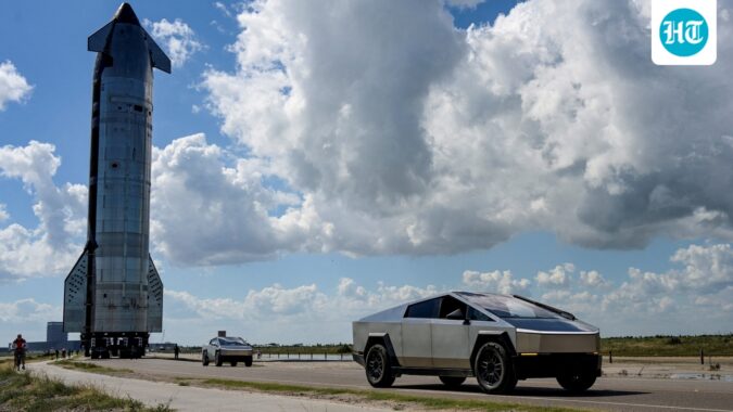 Tesla Cybertrucks lead the way as the SpaceX Starship spacecraft rolls out toward the launch pad before its 11th test flight from the company's complex in Starbase, Texas, US. (REUTERS)