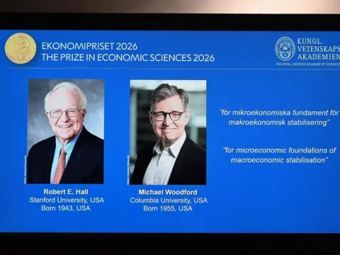 Robert Hall, Michael Woodford awarded Nobel Economics Prize 2026 for groundbreaking work on stabilising economies Robert Hall and Michael Woodford win the 2026 Nobel Economics Prize for research on economic stability. (Jonathan Nackstrand / AFP)