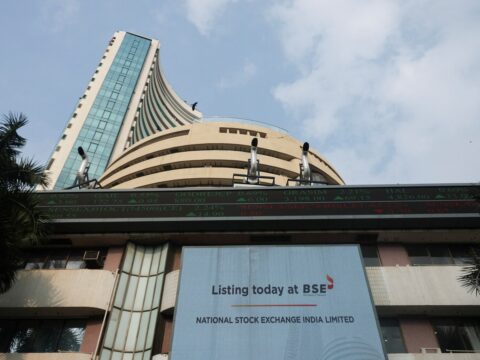 A screen displays a message at the Bombay Stock Exchange (BSE) in Mumbai. (REUTERS)
