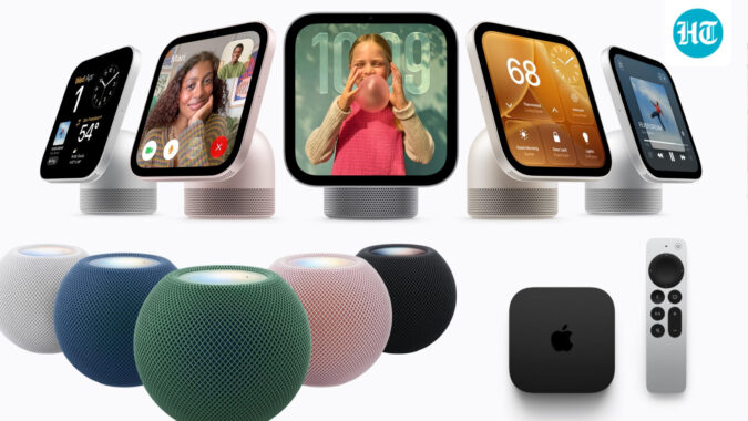 (Clockwise from top) The Apple HomeView with a 7-inch Retina Display, a new Apple TV 4K and the colourful HomePod mini 2 ((official images))