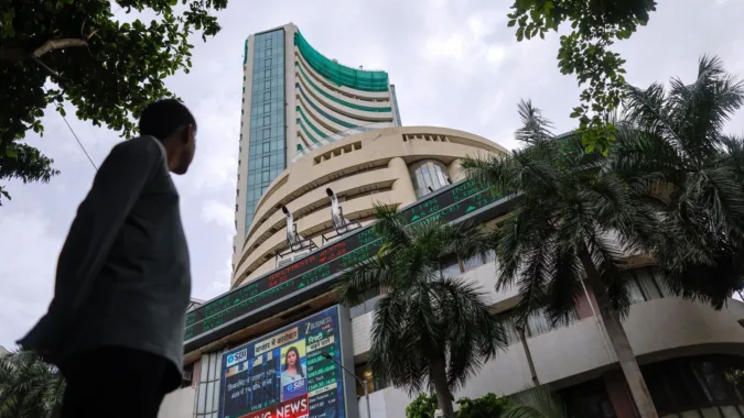 Stock information displayed outside the Bombay Stock Exchange (BSE) building in Mumbai (Bloomberg/File)