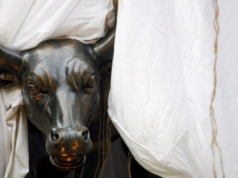 File: A bronze replica of a bull is seen at the gates of the Bombay Stock Exchange (BSE) building in Mumbai (REUTERS)