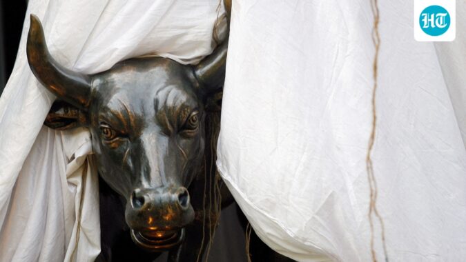 File: A bronze replica of a bull is seen at the gates of the Bombay Stock Exchange (BSE) building in Mumbai (REUTERS)